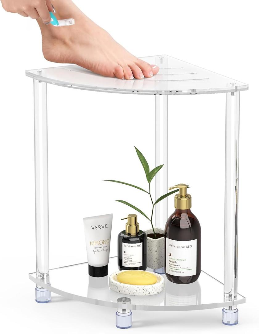 Corner Shower Stool, Clear Acrylic Shower Bench for Shaving Legs, Bath Seating, Towel Storage, Waterproof Heavy Duty Non-Slip Modern Triangle Shower Foot Rest