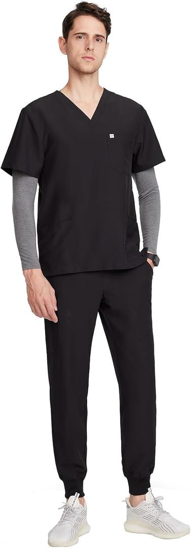 Uniforms World Louis Scrubs Set for Men — Classic V-Neck Stretch Top & Jogger Pants Yoga Waistband, 8 Pockets S
