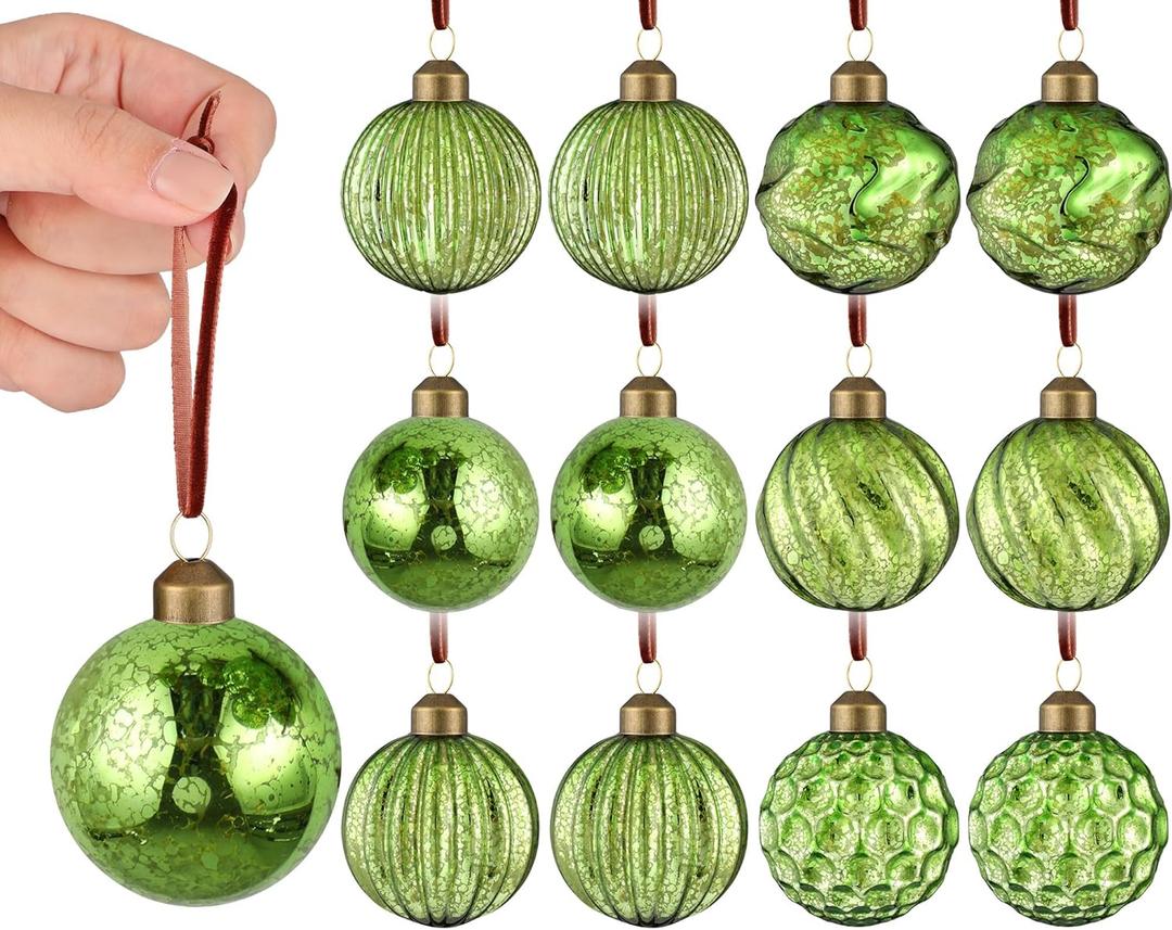 12 Pcs Vintage Mercury Glass Christmas Ball Ornaments 2.36 Inch Antique Embossed Ball Decorations Christmas Tree Hanging Decorations for Xmas Winter Holiday Decor Gifts(Green)