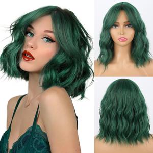 Dark Green Wavy Bob Wig with Curtain Bangs Synthetic Short Green Curly Bob Wigs with Bangs for Women Curly Wavy Natural Hair Shoulder Length for Women