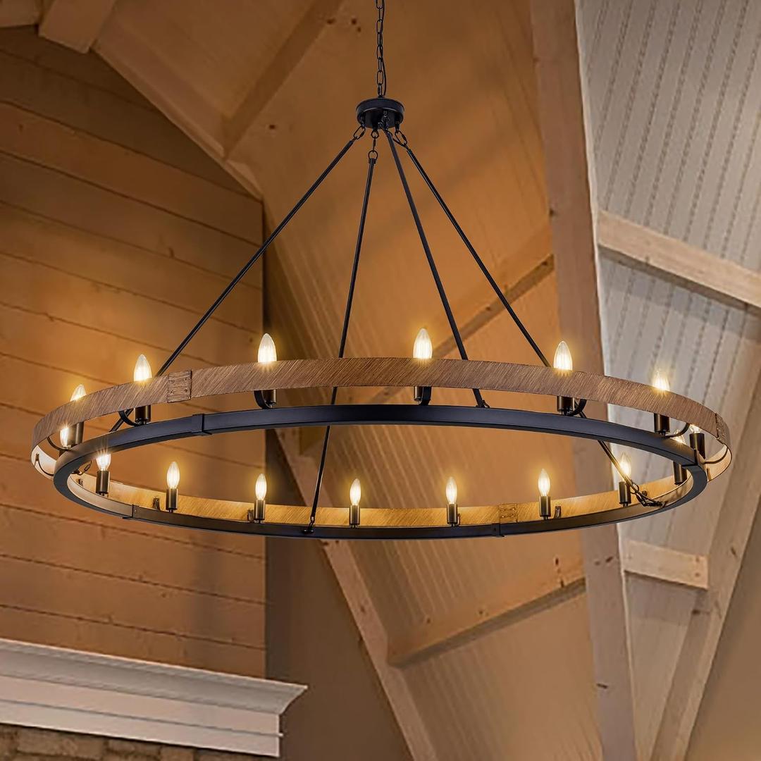 Wellmet Extra Large Rustic Chandelier, Wood Painted Pendant Light, 16-Light Farmhouse Wagon Wheel Chandelier for Living Room, Dining Room, Bedroom, Corridor, Hallway, Entryway