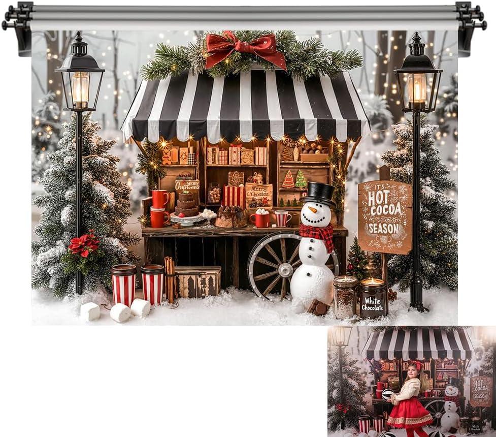 Kate 7x5ft/2.2x1.5m Christmas Hot Cocoa Shop Backdrop for Photography Snowman Xmas Tree Photoshoot Background Photo Video Studio Props