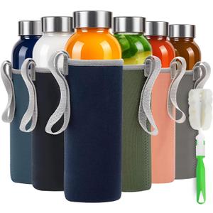 Epica glass bottles with lids, 18oz glass water bottles, reusable juice bottle with lids for storing juices, reusable water bottle, durable & eco-friendly, Set of 6 with Sleeves