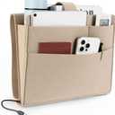 Seefoo Bedside Caddy, Large Bed Caddy Organizer with Cord Slit, Magazine Holder for Books, Remotes, Bunk Bed Storage Pocket with Strong-Grip Loop Tape Sticky for Dorm, Bedroom, Sofa Beige