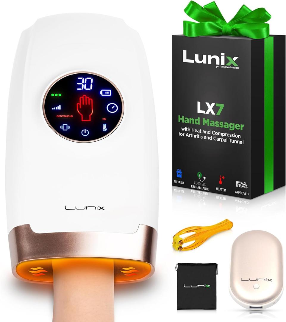 Lunix LX7 FSA LCD Touchscreen Hand Massager, Heated Air Compression, for Arthritis & Carpal Tunnel Relief, Finger Numbness & Wrist Pain Relief, Cordless Rechargeable, Lunar White