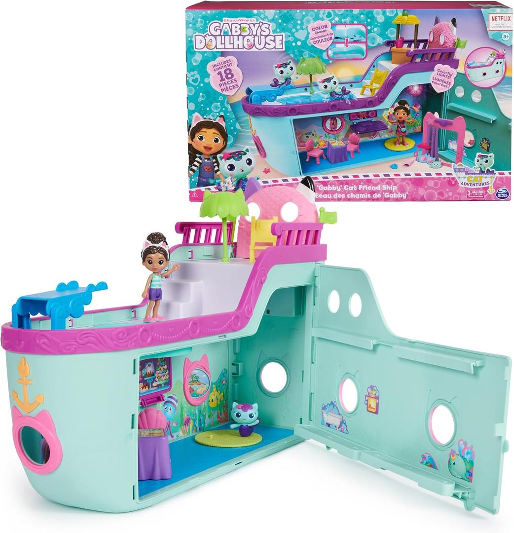 Gabbys Dollhouse, Gabby Cat Friend Ship, Cruise Ship Toy with 2 Toy Figures, Surprise Toys & Dollhouse Accessories, Kids Toys for Girls & Boys 3+