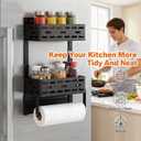 2-in-1 Magnetic Spice Rack & Paper Towel Holder for Fridge - 4 Hooks Kitchen Space Saver, Black Fridge Magnet Organizer