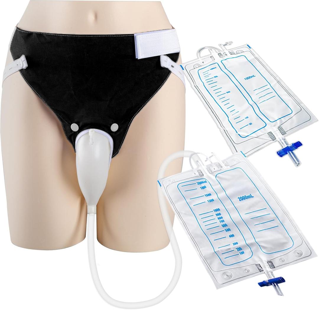 Wearable Urine Collector Set with Breathable Cotton Fixed Pants Reusable Silicone Urine Capsule 2 Urinary Drainage Bags 2000ml and 1000ml and 1.2M Flexible Tube for Daily Comfort (Elderly Men Black)