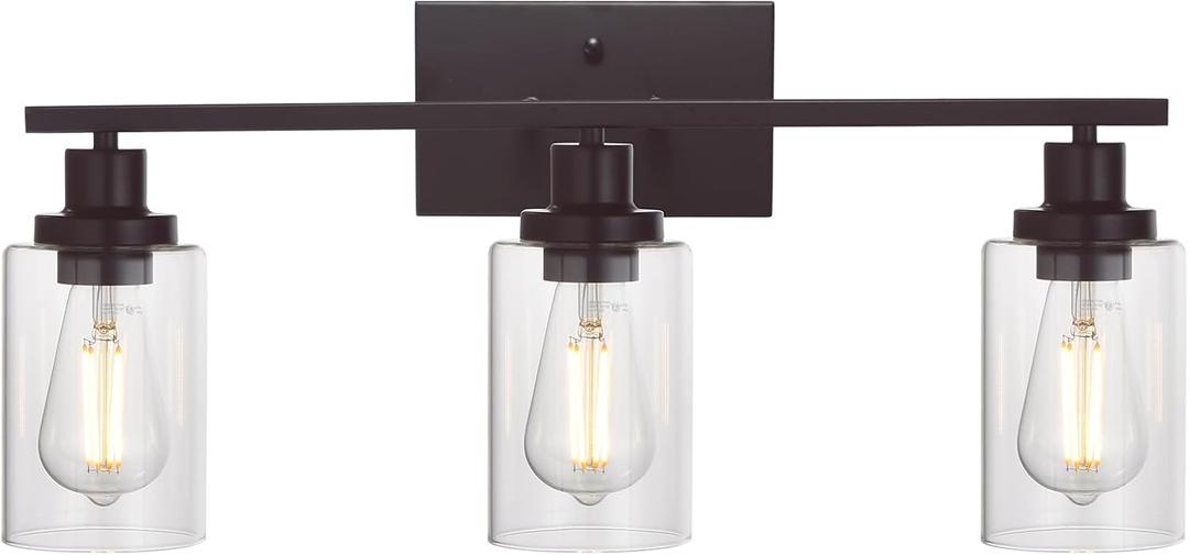 MELUCEE 3 Light Bathroom Vanity Light Oil Rubbed Bronze, Industrial Wall Light Fixture with Clear Glass Shade Sconces for Bedroom Porch Kitchen Living Room (Patent No.: US D963914 S)