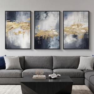 Large Framed Blue and Gold Abstract Wall Art for Living Room, 3 Piece 24x36, 24" W x 36" H x 3Pcs