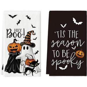 Artoid Mode Ghost Pumpkins Bats Cat Hey Boo Halloween Kitchen Towels Dish Towels, 18x26 Inch Seasonal Decoration Hand Towels Set of 2