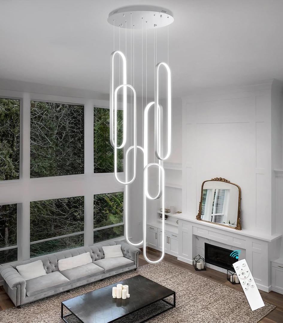 6 Rings Modern Chandelier LED Dimmable Pendant Lighting High Ceiling Chandelier for Entrance Foyer Lobby Staircaes Sliver 118'' (26in x 7.9in x 118in, Silver)