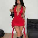 SOLY HUX Women's Sexy Halter Mini Dress Open Back Y2k Deep V Neck Backless Ruffle Fringe Bodycon Club Dresses, XS, Red