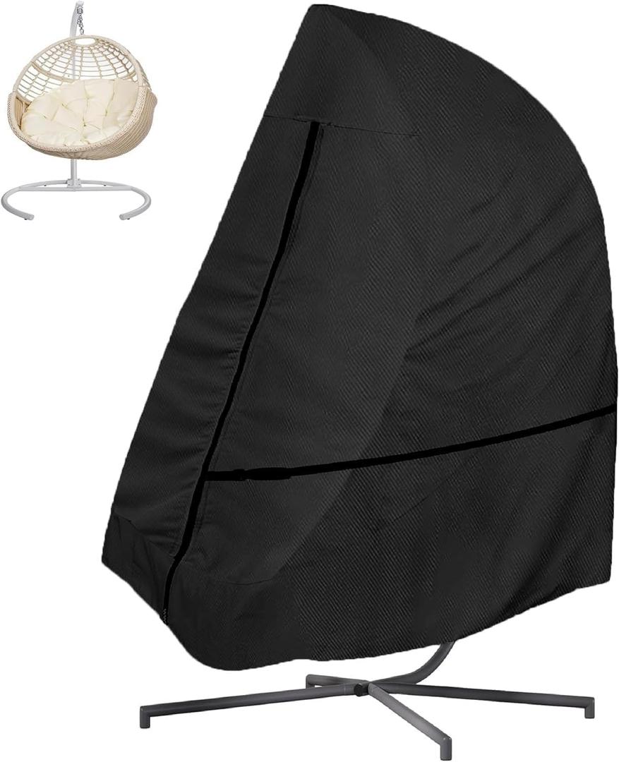 Patio Hanging Egg Chair Cover Single Seat, 600D Heavy Duty Waterproof Outdoor Wicker Swing Egg Chair with Stand Protector Fits up to 75L x 45W Inches (Black)