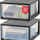 IRIS USA 30 Qt. Plastic Drawer Storage Organizer Stacking Drawers, 2-Pack, Stackable Unit with Sliding Drawer for Clothes Bedroom Kitchen Under Sink Pantry Craft Room Bathroom Dorm Office, Black