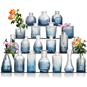 Glass Bud Vase Set of 20 - Small Vases for Flowers in Bulk - Assorted Vintage Crystal Vases for Flowers, Table Centerpieces (Blue, 20 Pcs)