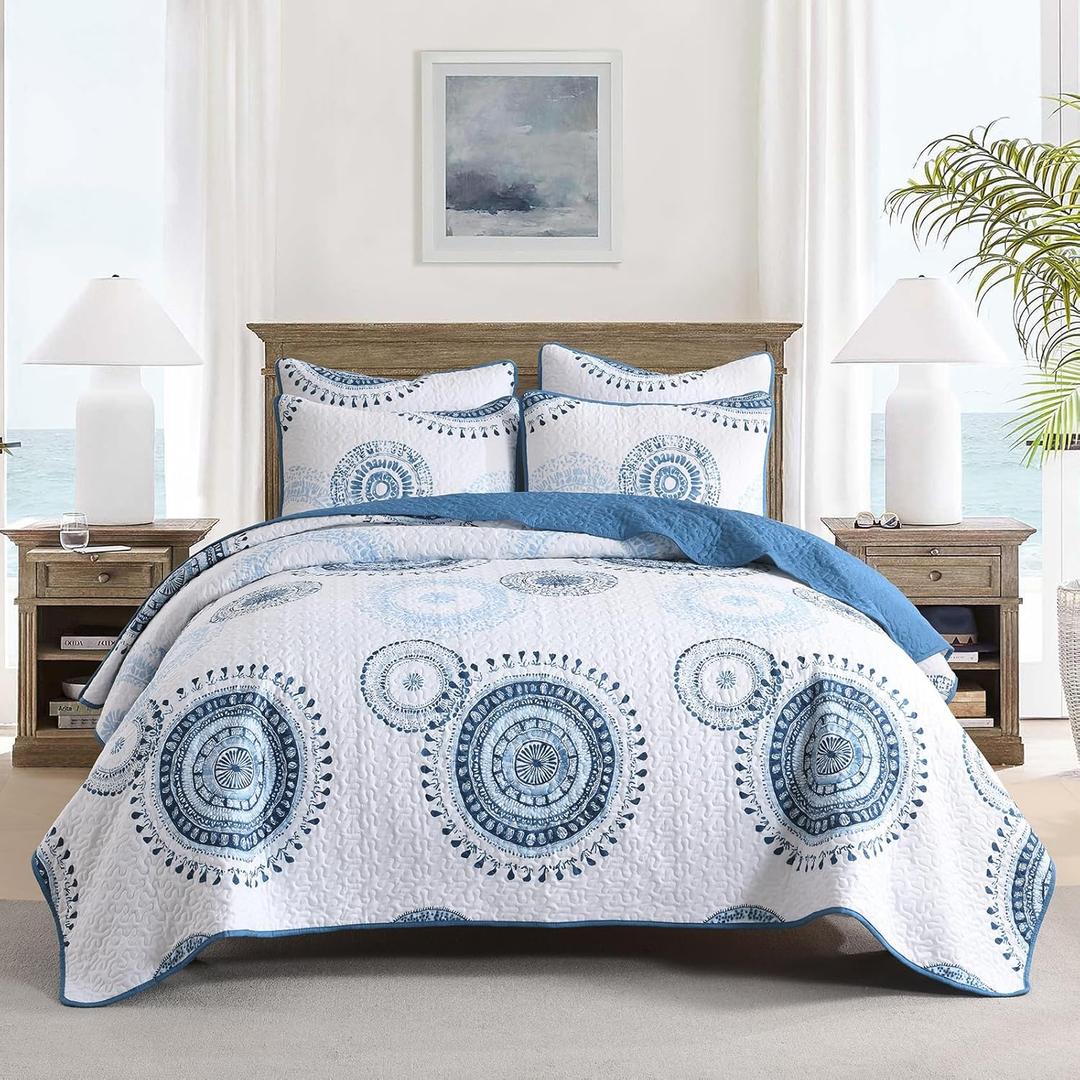 HORIMOTE HOME Boho Style Queen Quilt Set Blue Bohemian Floral Quilt Beddding Set, Soft and Lightweight Bedspread for All Season, Full Size Bed Coverlet with 2 Matching Pillow Shams (3 Pieces)