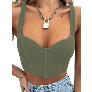 Women Y2k Corsets Square V Neck Double Lined Crop Tank Top Sexy Dance Tops (Large, 01-dark Green)