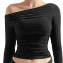 SUUKSESS Women Off Shoulder Long Sleeve Shirts Double Lined Fitted Crop Tops (Medium, Black)
