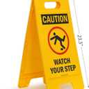 SmartSign Folding Floor Sign, Legend "Caution Watch Your Step" with Graphic, 25" high x 12" wide, Black/Red on Yellow