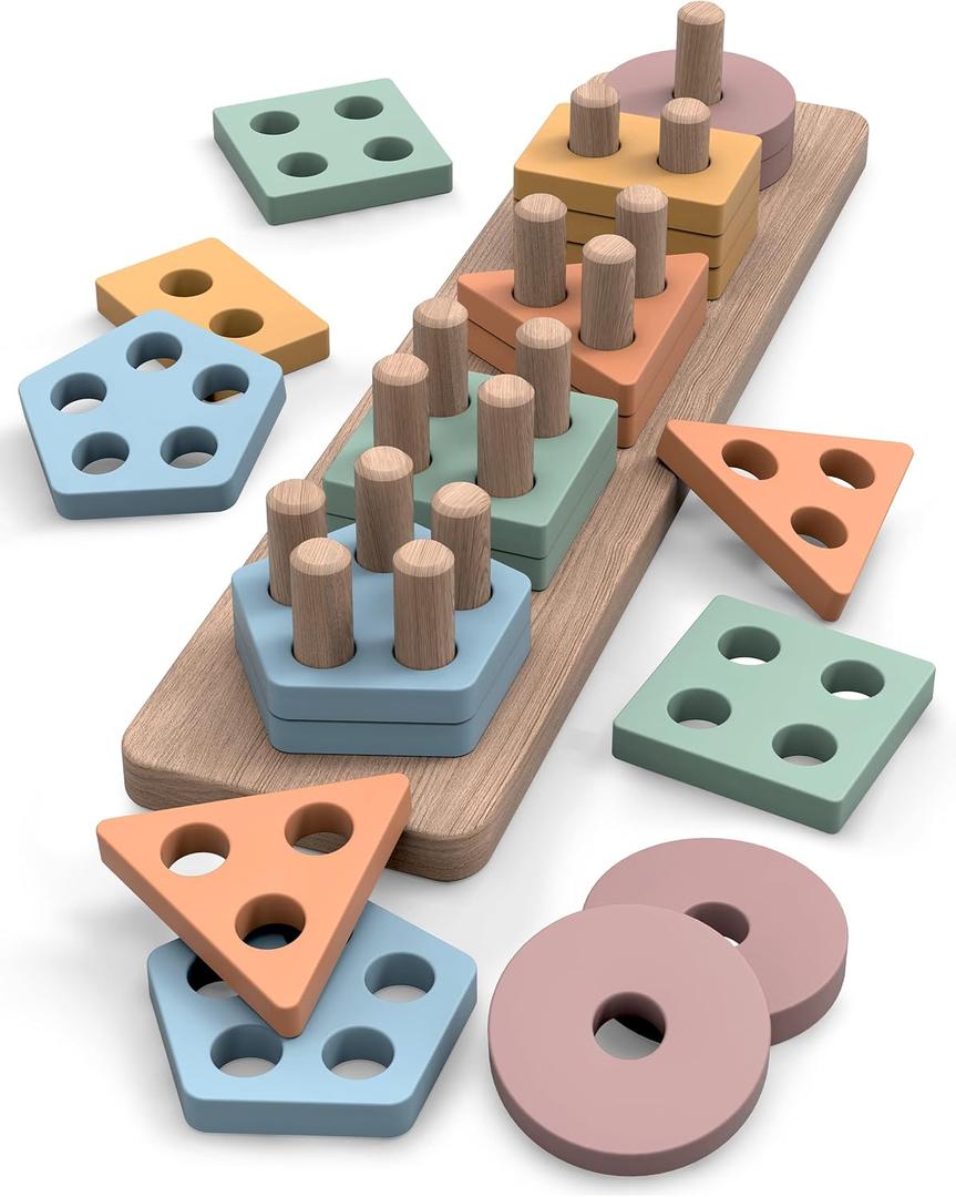 GOPO TOYS Montessori Toys for 1+ Year Old  Wooden Shape Sorter & Stacking Puzzle  Toddler Learning, Fine Motor Skills & Developmental Toy for Boys & Girls
