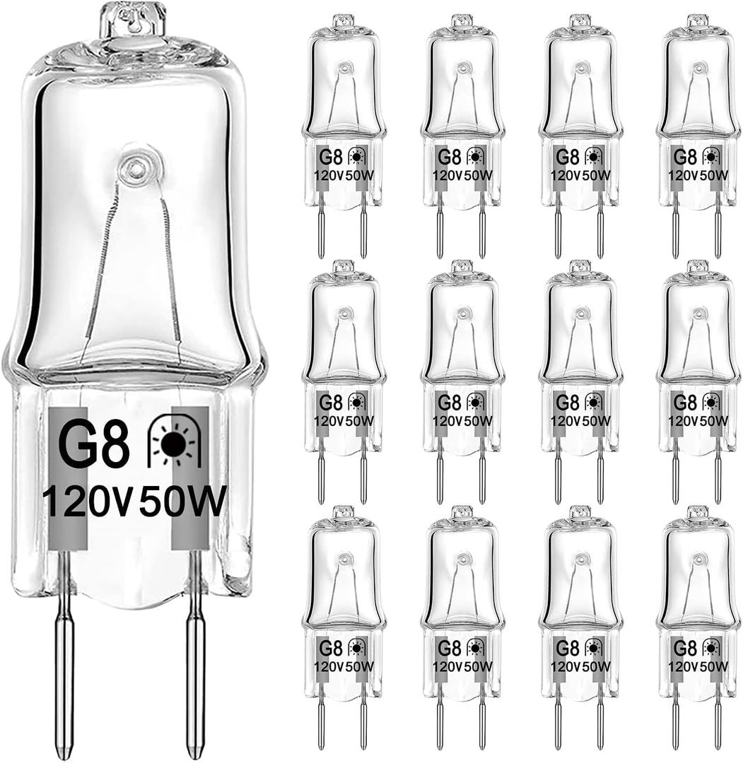 G8 Halogen Light Bulbs 50W 120V T4 JCD Type G8 Bi-Pin Base for Microwave Oven, Under Cabinet Puck Lighting, Candle Warmer Bulbs, 2700K Warm White, Dimmable, Pack of 12