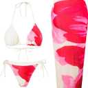 WDIRARA Women's Bikini Sets Floral Print Triangle Halter Tie Back Swimsuit with Cover Up Skirt (Large, Multicolor Wp)