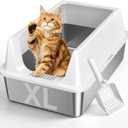 1 Pack XL Stainless Steel Litter Box with High Sides Shield for Multi Cat, Extra Large Tall Wall Open Top Deep Metal Pan for Big Cats, Anti-Leak Non-Stick Odor Control, 2 Scoops Included, Gray