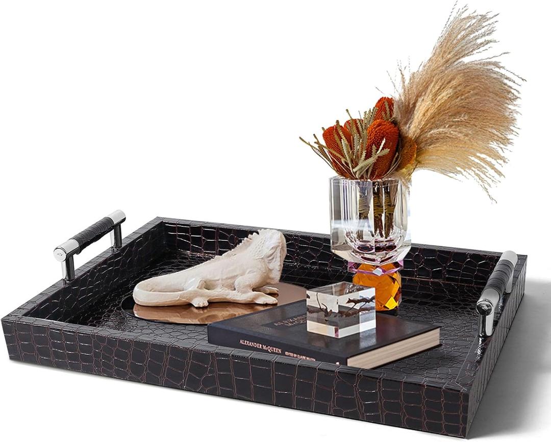 Faux Leather Rectangle Serving Tray with Handles, Large Decorative Tray for Ottoman Coffee Table Decor Living Room, Kitchen, Bathroom, 16x12inches (Dark Brownish Red)