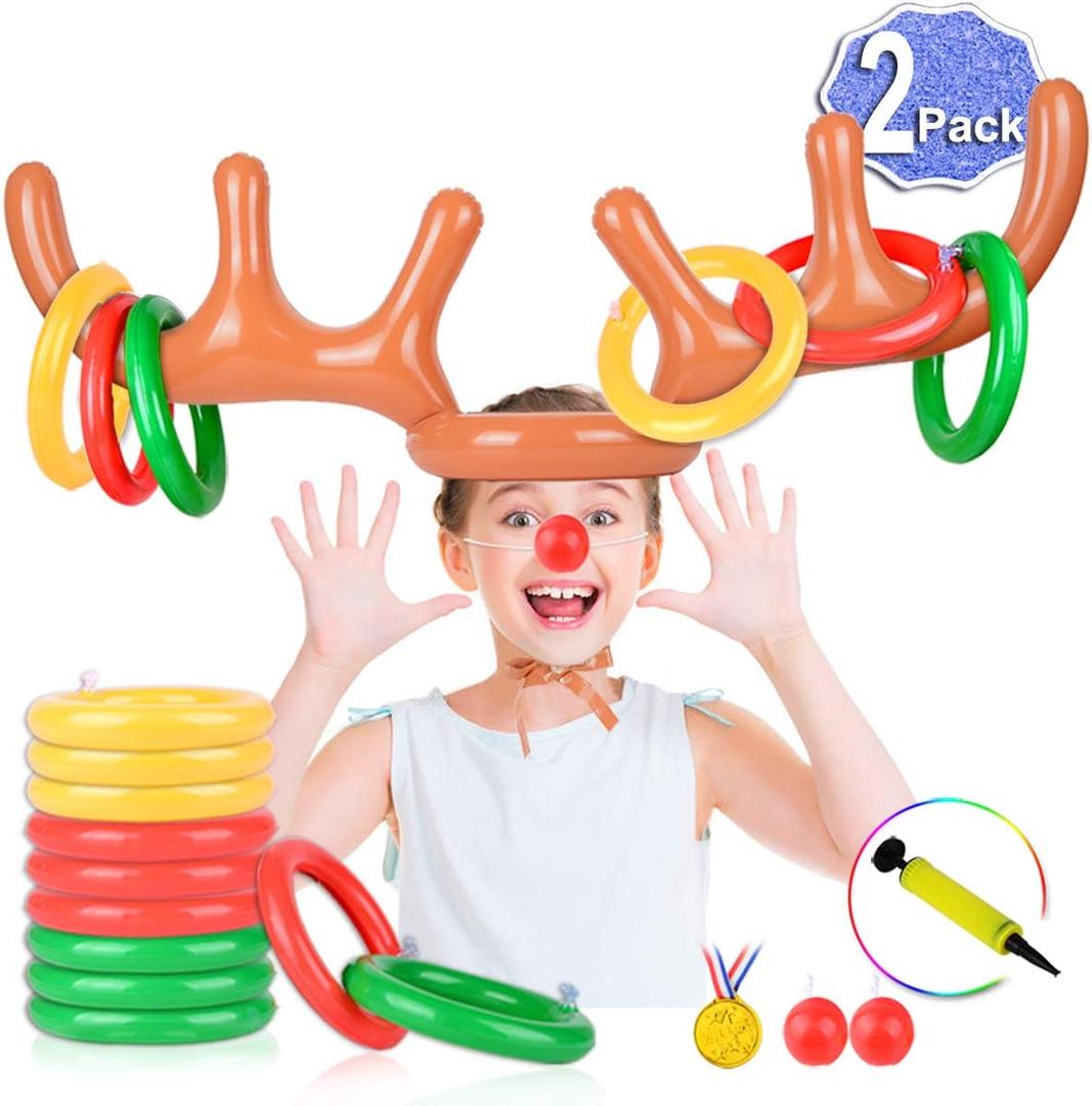 Christmas Games for Family Party, 4 Pack Inflatable Reindeer Antler Ring Toss Game Great Christmas Games for Adults and Kids
