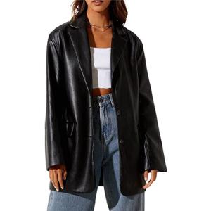 Women Leather Jacket Oversized Faux Leather Blazer Button Down Lapel Coat with Pockets Vintage Streetwear (Medium, Black)