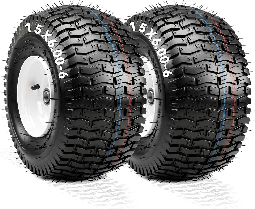 YITAMOTOR 15x6.00-6 Flat Free Lawn Mower Tires & Wheel Assemblies, 4 Ply Pneumatic Front Tires Replacement Fits John Deere, Lawn Tractors, More Riding Mowers | 3" Centered Hub, 3/4" Bearings (2 Pack)