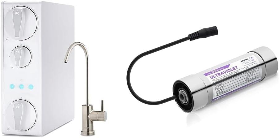 iSpring RO500AK-BN Tankless RO Reverse Osmosis Water Filtration System, White. & UVF8 LED UV Water Filter, Add-on Kit for Under Sink Water Filtration Systems, Mercury-Free, Stainless Steel