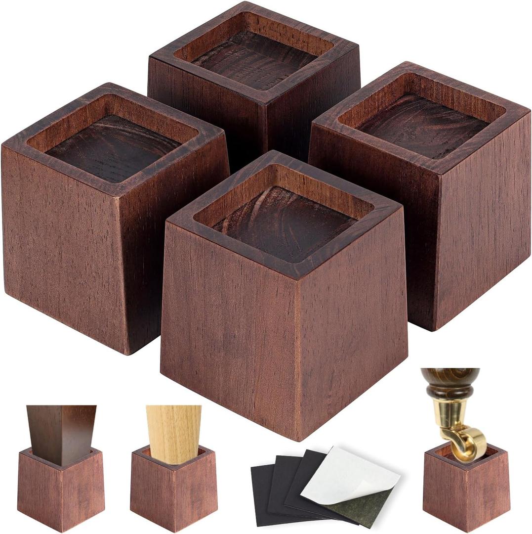 3 Inch Height Heavy Duty Wood Bed Risers 4 Pack Wood Furniture Risers Extenders for Bed, Sofa&Table, Support Up to 2200lbs, Non-Slip Recessed Hole Furniture Lifts for Storage (Retro Brown Color)