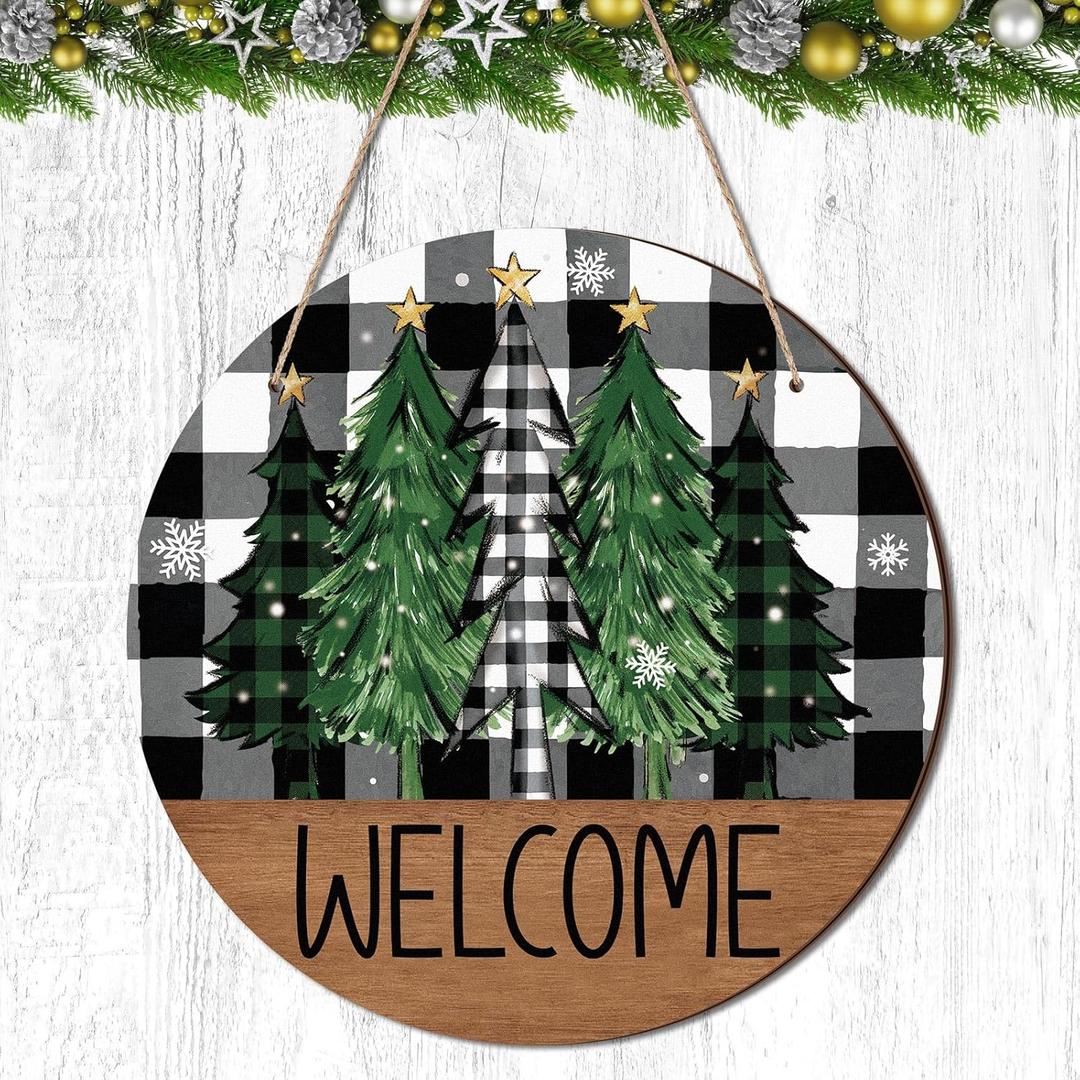 CroBlissful Winter Welcome Door Sign Decoration Rustic Xmas Tree Wonderland Wreath Black White Buffalo Plaid Hanging Sign Farmhouse Decor for Winter Front Porch Door Wall Window