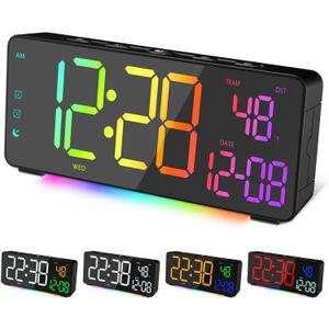 Digital Alarm Clocks for Bedrooms, RGB Desk Clock with 15 Color Display, Date Temperature and Weekday, DST, Snooze, 2 Alarms, Ambient Lighting for Living Room, Bedside Office Gaming Desk Decor (Black)