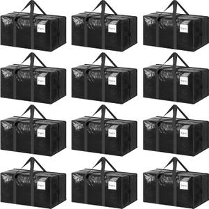 12 Pack Extra Heavy Duty Large Moving Bags with Strong Zipper & Comfortable Handles, Sturdy & Durable Clothes Storage Bags Totes Bins, Packing Moving Boxes for College Supplies, Black