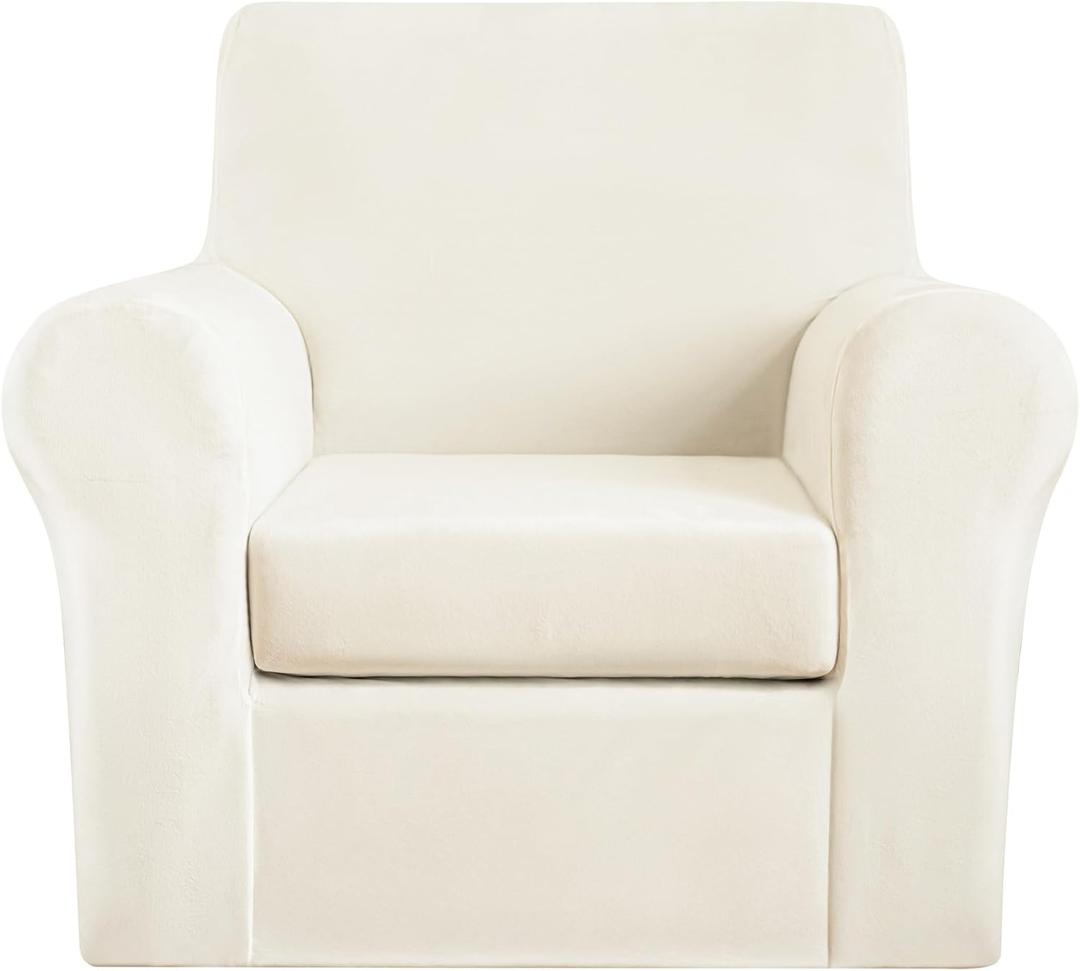 2 Pieces Velvet Armchair Cover Sofa Cover Separated Cushion Cover Stretchy Washable Fitted Couch Covers for Sofa Couch Protector for Dogs Chair Covers for Living Room (Ivory, Chair)