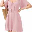 Womens Dresses 2025 Spring Summer Deep V Neck Casual Bow Tie Mini Cocktail Beach Dress, M, Pink