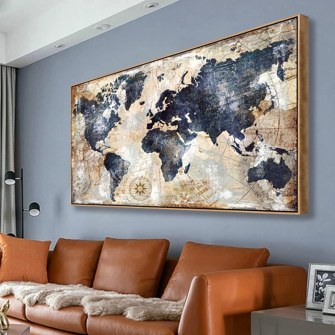 Tucai Decor Framed Wall Art World Map Wall Art Print Picture Decor Home Interior - Map Picture for Office Decor Travel Memory Nautical Map Canvas Artwork 20 x 40 inch Ready to Hang (Framed)