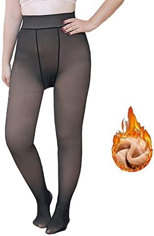 Women Winter Warm Fleece Lined Tights Fake Translucent Nude Pantyhose Tummy Control Thicken Fleece Thermal Opaque Leggings , Black, 300g  
