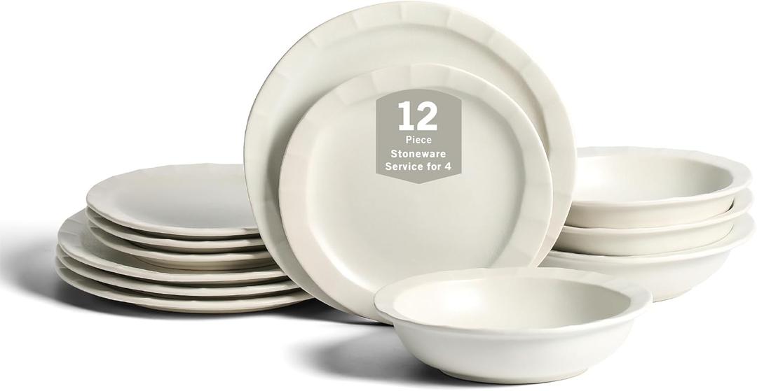 Stone Lain Oasis 12-Piece Dinnerware Set Stoneware, Dishwasher and Microwave Safe Plates and Bowls Set, Dish Set for 4, White