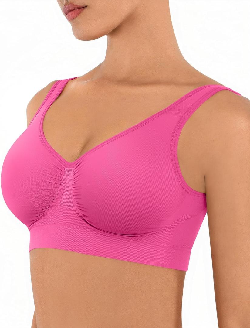 FeelinGirl Bras for Women No Underwire Seamless Smooth Bralette Full Coverage Comfy Everyday Bras with Wide Straps (Pink, XL)