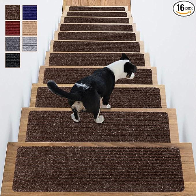 ANTDLE Stair Treads NonSlip 16 Pack 8"x30"  Carpet Stair Runner for Indoor Wooden Steps with TPE Backing & AntiSkid Surface, Reusable Adhesive Safety Rug for Kids/Elder/PetFriendly  Brown
