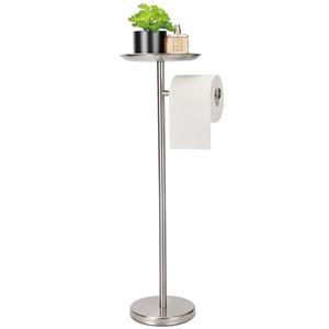 Standing Toilet Paper Holder, TP Holder with Practical Tray On Top for Phone, No Drill No Damage to Wall, Stainless Steel (Brushed Nickel)
