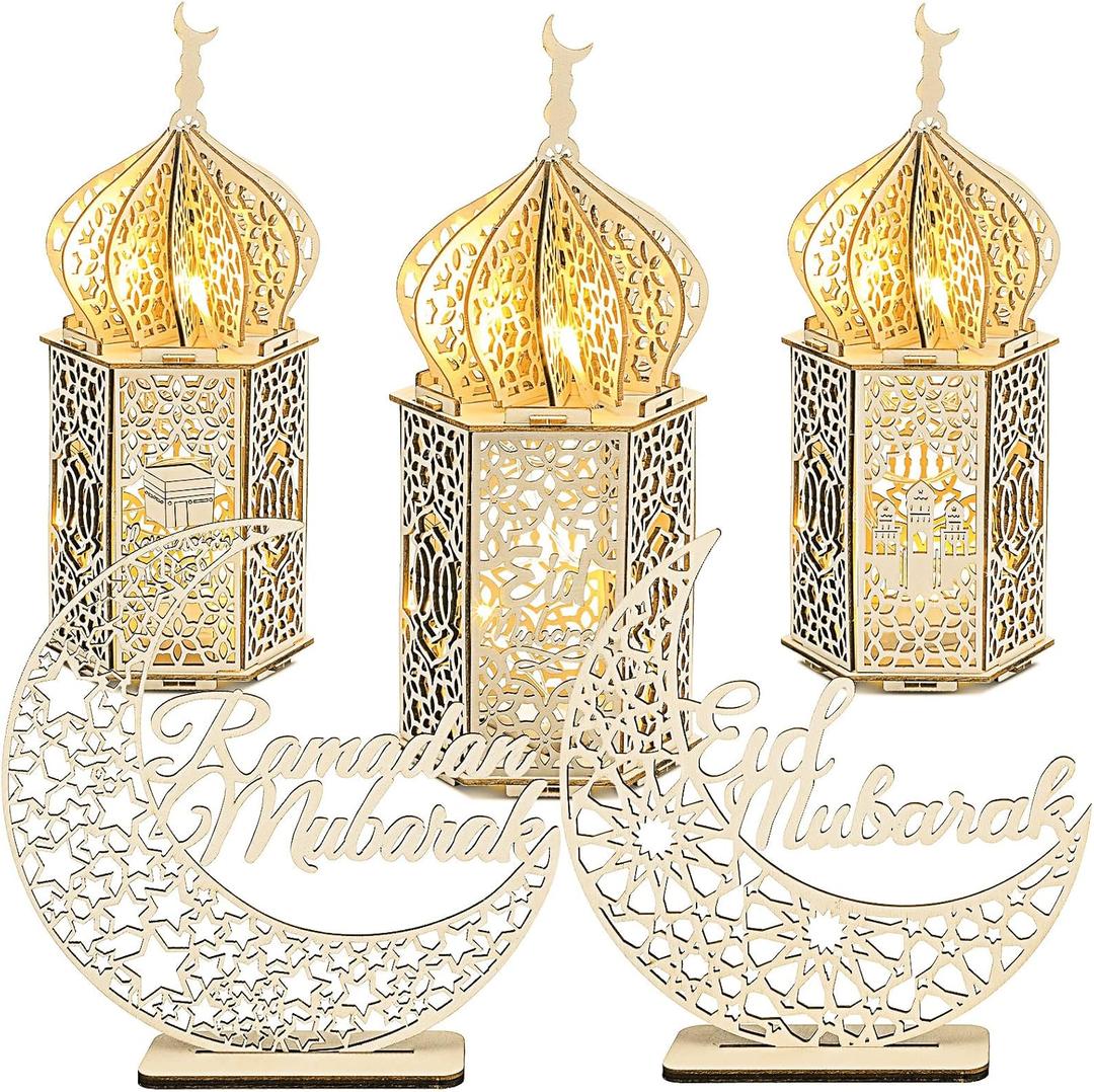 Jetec 5 Pcs Eid Ramadan Mubarak Decoration Large Size 14'' 10'' 10'' Ramadan Lantern Light 7'' Wooden Eid Mubarak Table Sign Hollow Moon Star Design Ramadhan Decoration for Home Islam Muslim Decor