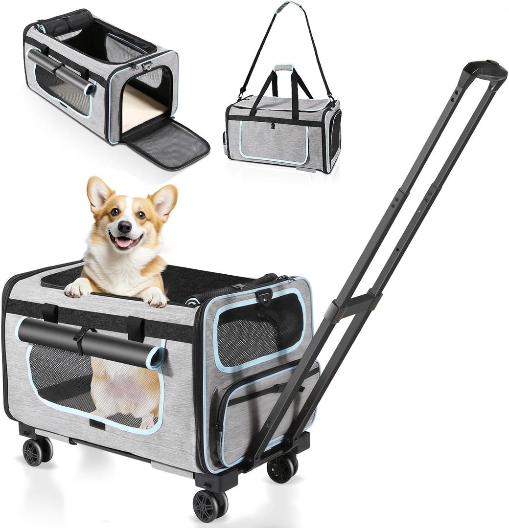 Pet Carrier with Wheels for Cats and Dogs, Pet Bag with Detachable Wheels & Washable Plush Pad, Escape-Proof Zipper & Shoulder Strap, Portable Carrier for Outdoor and Car Travel(Max. 40 lbs)