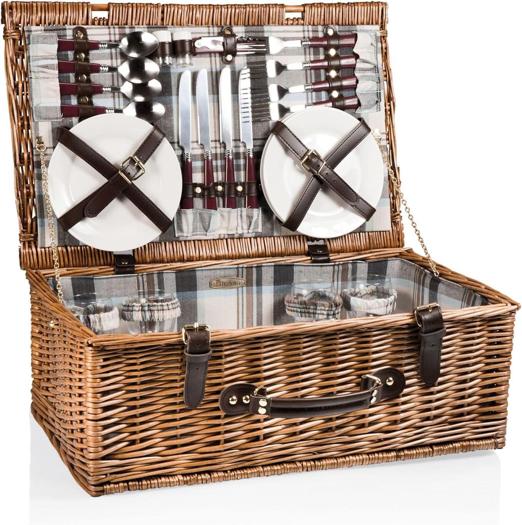PICNIC TIME Newbury Picnic Basket for 4, Romantic English-Style Wooden Wicker Basket with Deluxe Service for 4, Fully-lined Interior, Leatherette Lid-locking Buckle, and Flat-lid Design