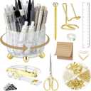 Gold Desk Accessories, Office Desk Organizers and Accessories 360Pen Holder Acrylic Stapler Set, Phone Holder, Ballpoint Pen, Scissor, Binder Clips, Ruler, Transparent Glue, Sticky Note and Staples.