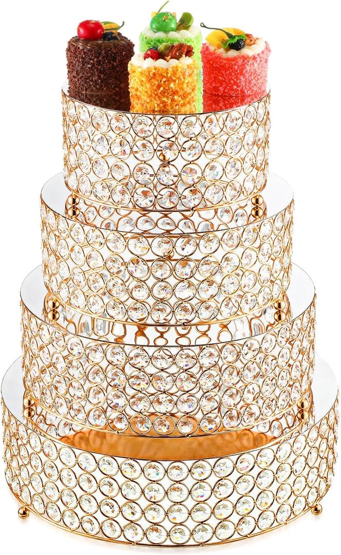 Uiifan 4 Pcs Crystal Gold Cake Stand Set 4 Size Elegant Round Dessert Display Metal Cupcake Stand with Mirror Plate Crystal Beads for Party Birthday Festival Anniversary Holiday 8/10/ 12/14''